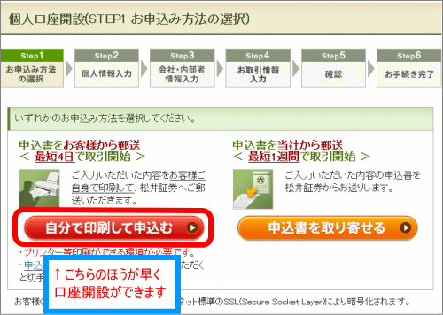 自分で印刷して申し込むをクリック